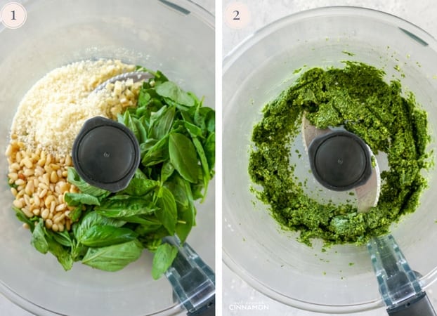 Step by step pictures of how to make homemade basil pesto in the food processor.
