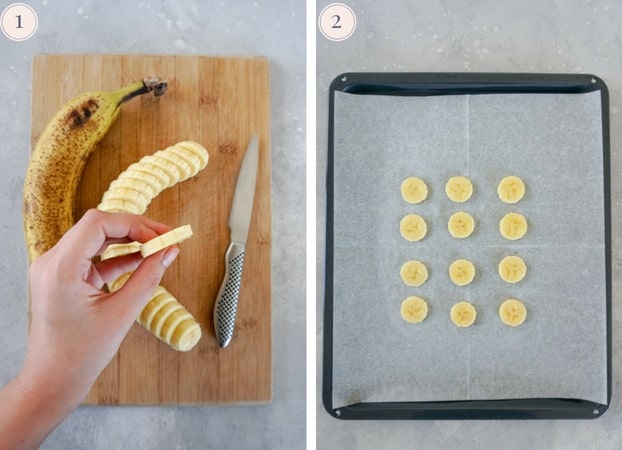 Step by step pictures on a banana being cut on a cutting board and banana slices arranged on a baking tray.