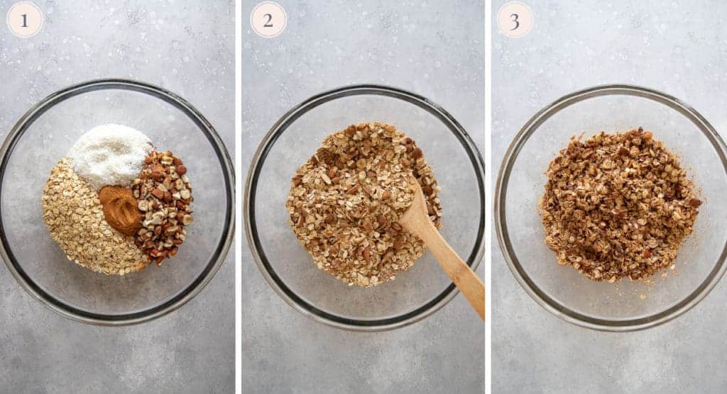 Three step by step photos to make healthy granola