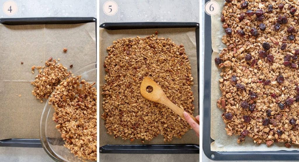Three step by step photos to bake healthy granola with clusters