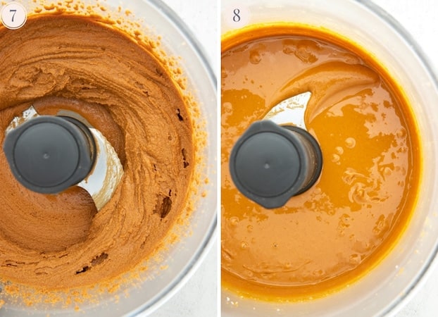 Step by step pictures showing the last stage of peanut butter being made in the food processor