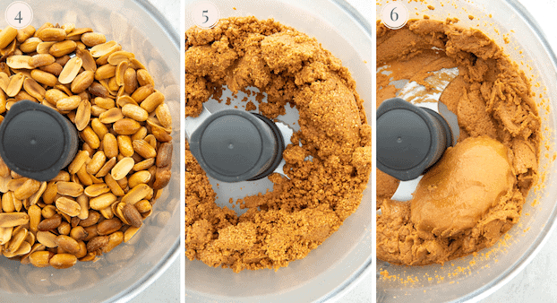 Step by step pictures showing peanuts in the food processor to make peanut butter