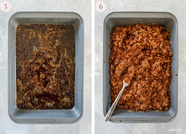 Collage of two step by step pictures to make coffee granita, showing granita in a metal pan.