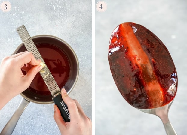 Garlic grated with a microplane and the back of a spoon coated with pomegranate glaze