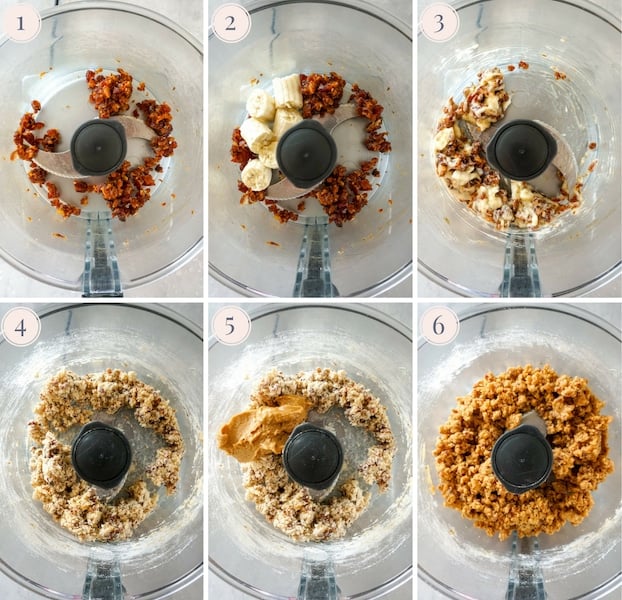 Step by step photos to make paleo energy bites in the food processor