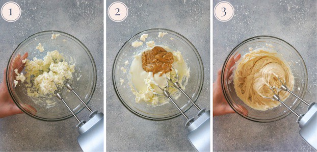 Collage of step by step pictures to make peanut butter and chocolate chips fruit dip