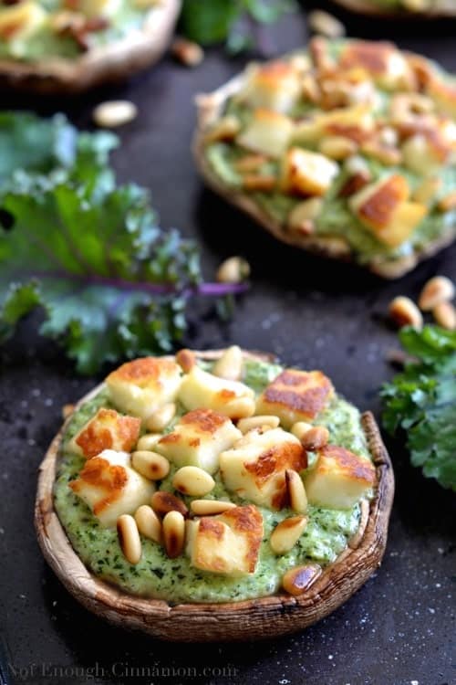 Stuffed Portobello Mushrooms with Ricotta, Pesto and Grilled Haloumi | NotEnoughCinnamon.com