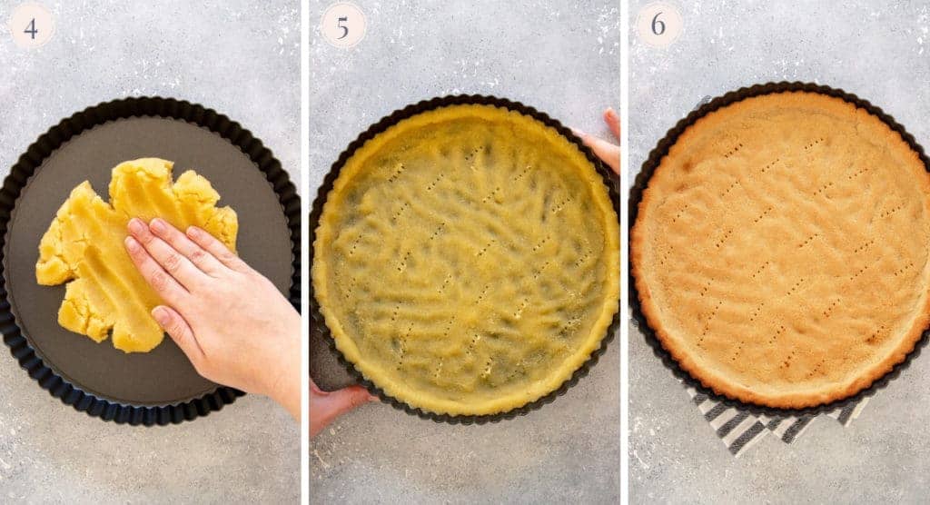 Coconut crust spread into a pan, pricked and baked.