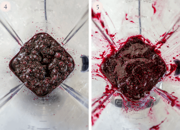 A collage showing blueberry chia seed jam in a blender