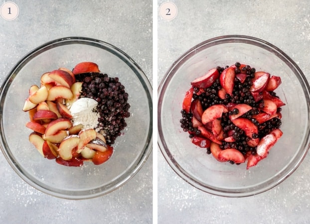 Collage of two step by step photos to make blueberry peach crisp