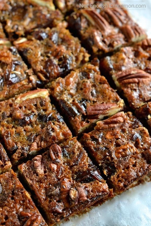 overhead shot of healthy pecan date bars on a piece of parchment paper cut into squares