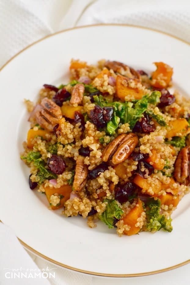 A festive warm quinoa salad with butternut squash, candied pecans, kale and cranberries on a white plate