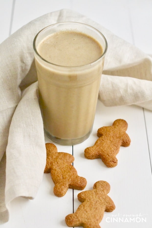 A yummy smoothie that tastes just like a gingerbread cookie but that's only made with healthy ingredients. Find the recipe on NotEnoughCinnamon.com #glutenfree #refinedsugarfree #paleo #vegan 