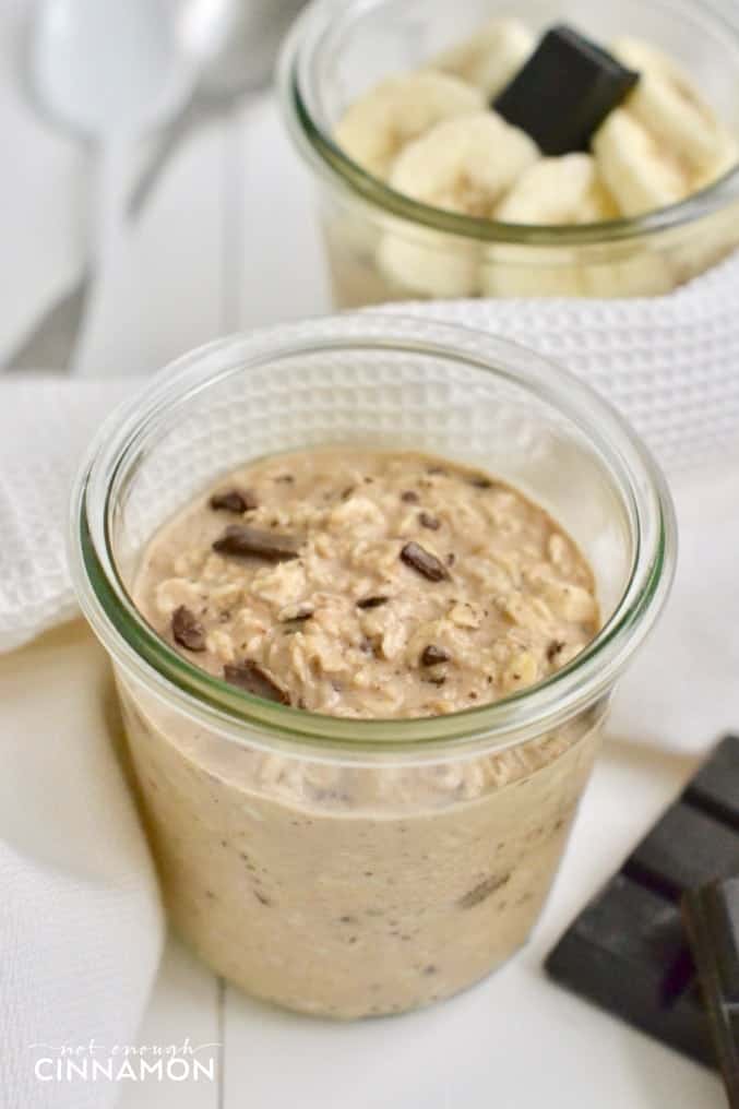 close-up of clean eating peanut butter chocolate overnight oats with grated chocolate on top