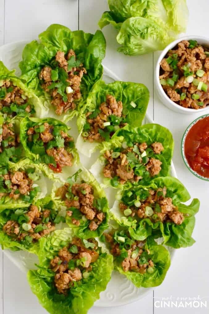 overhead shot of a platter of easy Turkey Lettuce Wraps served with taco seasoning, cilantro and fresh salsa