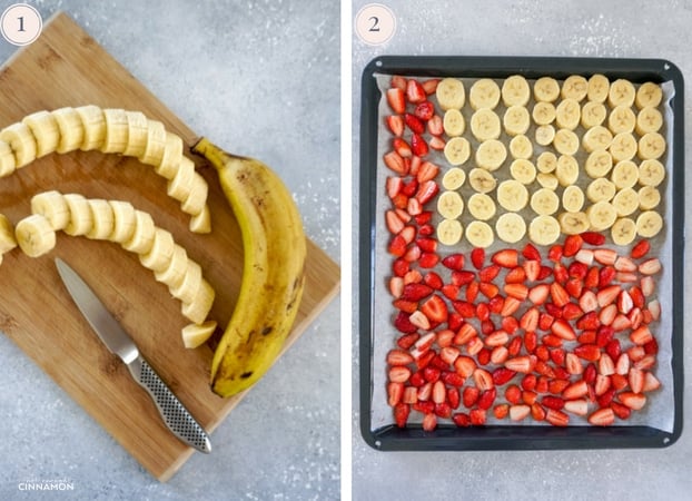 Two Step by step photos showing a banana and banana slices on a cutting board, and banana and strawberry slices arranged on a baking sheet. 