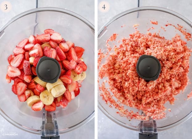 Two Step by step photos showing frozen strawberry and banana in the bowl of the food processor, and then being processed.