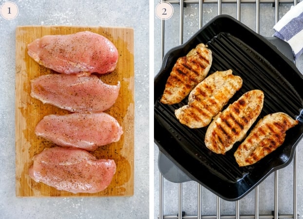 Collage of two photo showing raw chicken breast on a cutting board with salt, pepper and olive oil, and cooking chicken breast in a grill pan.