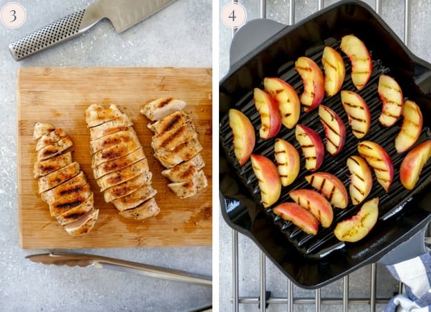 A collage of two photos showing grilled chicken breasts sliced and grilled peach slices in a grill pan.