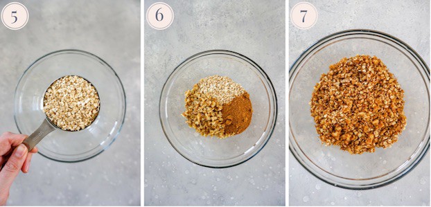 A collage of three pictures showing ground oats, a mix of oats, nuts and coconut sugar in a glass bowl, and all the ingredients combined