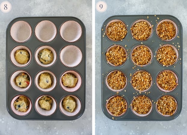 A collage of two photos showing a muffin tin half filled with peach blueberry muffin batter and then with batter top with streusel