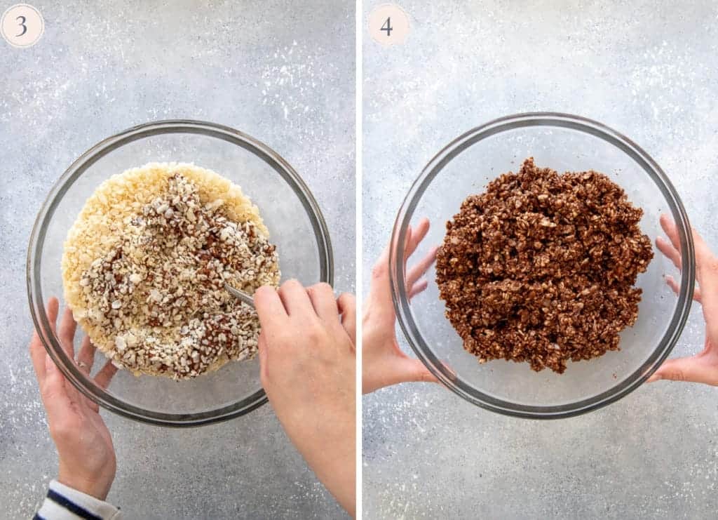 Puffed rice mixed with melted chocolate and peanut butter, in a large glass bowl