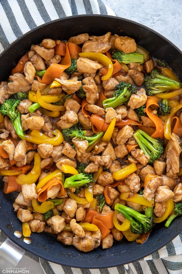 overhead shot of Chinese 5-Spice Chicken in a black skillet 