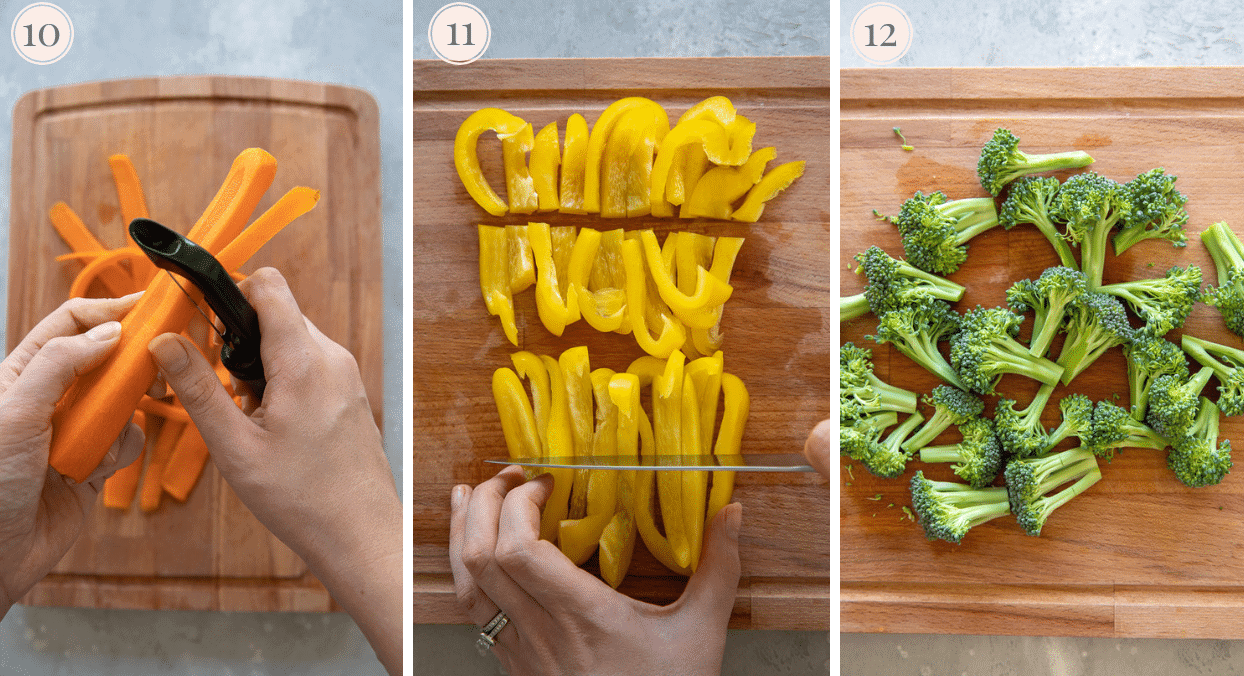 photo collage demonstrating how to chop veggies for making a Paleo Chinese Chicken Stir-fry
