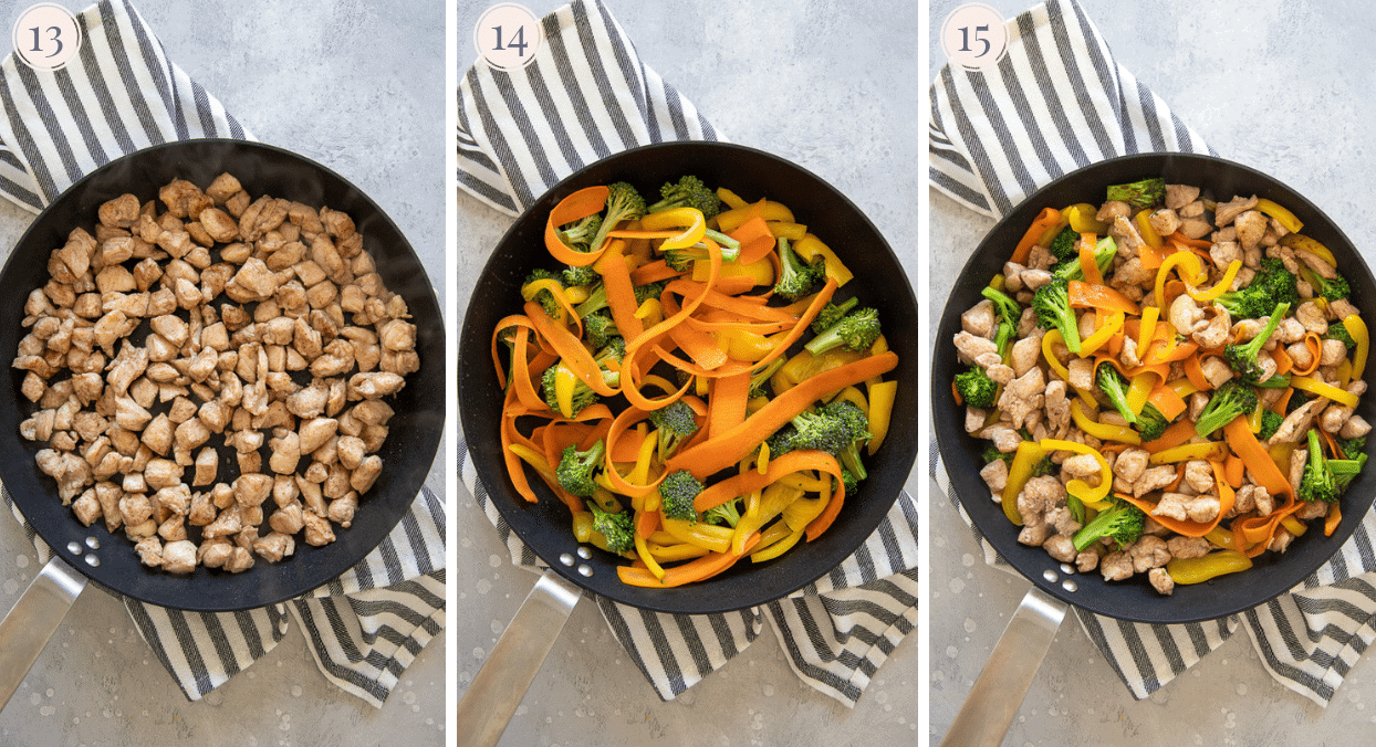 picture collage demonstrating how to fry fry chicken breast and veggies separately when making stir-fry