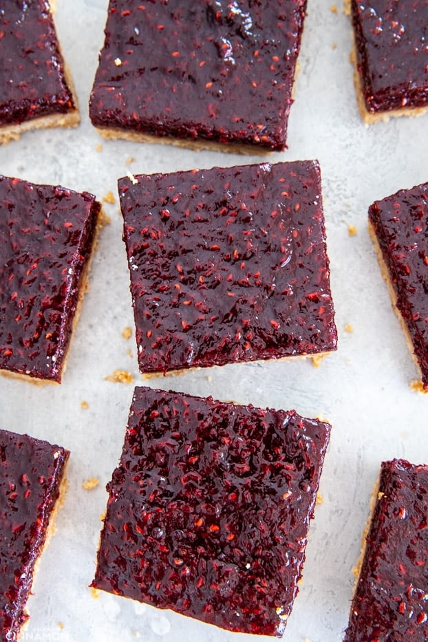 overhead shot of paleo raspberry almond butter bars cut into neat squares