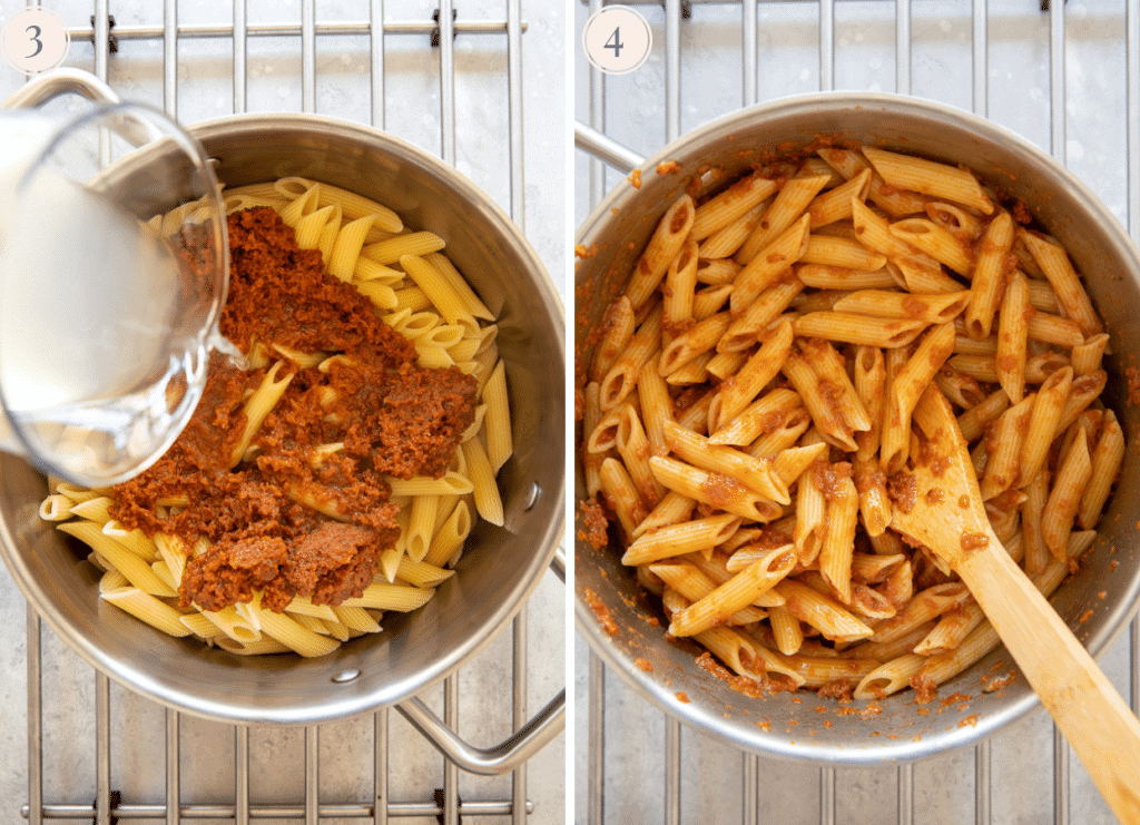 sun-dried tomato sauce and pasta water being tossed with freshly cooked penne pasta