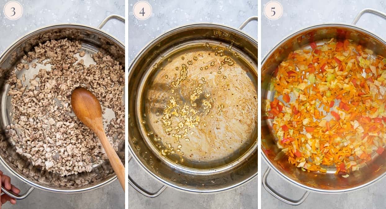 picture collage showing how to fry ground turkey for making healthy fried rice recipe