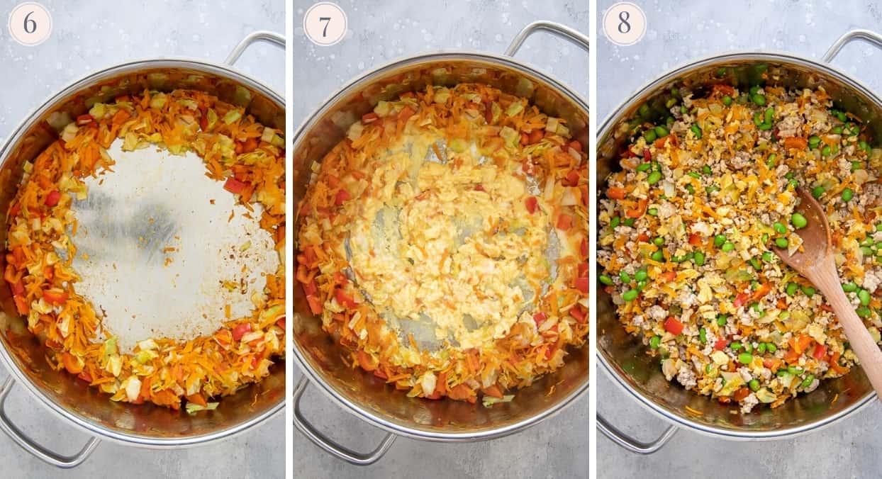 picture collage showing how to scramble egg on one side of the pot for making healthy Asian fried rice