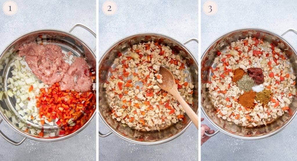 picture collage demonstrating how to sautee ground turkey with onions, bell pepper, tomato paste and spiced for making one-pot taco pasta recipe