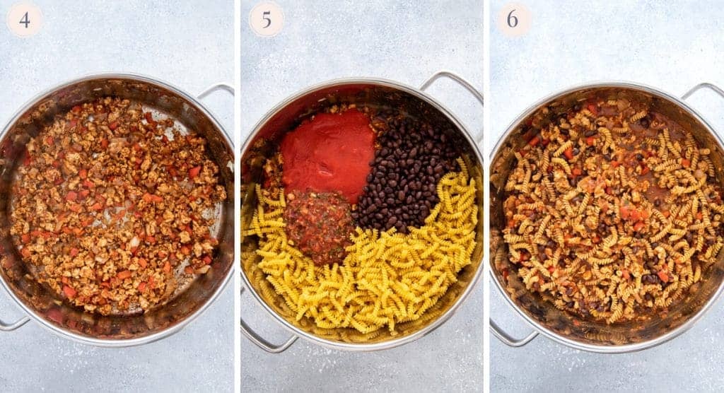 a picture collage demonstrating how to make one-pot taco pasta recipe with ground turkey