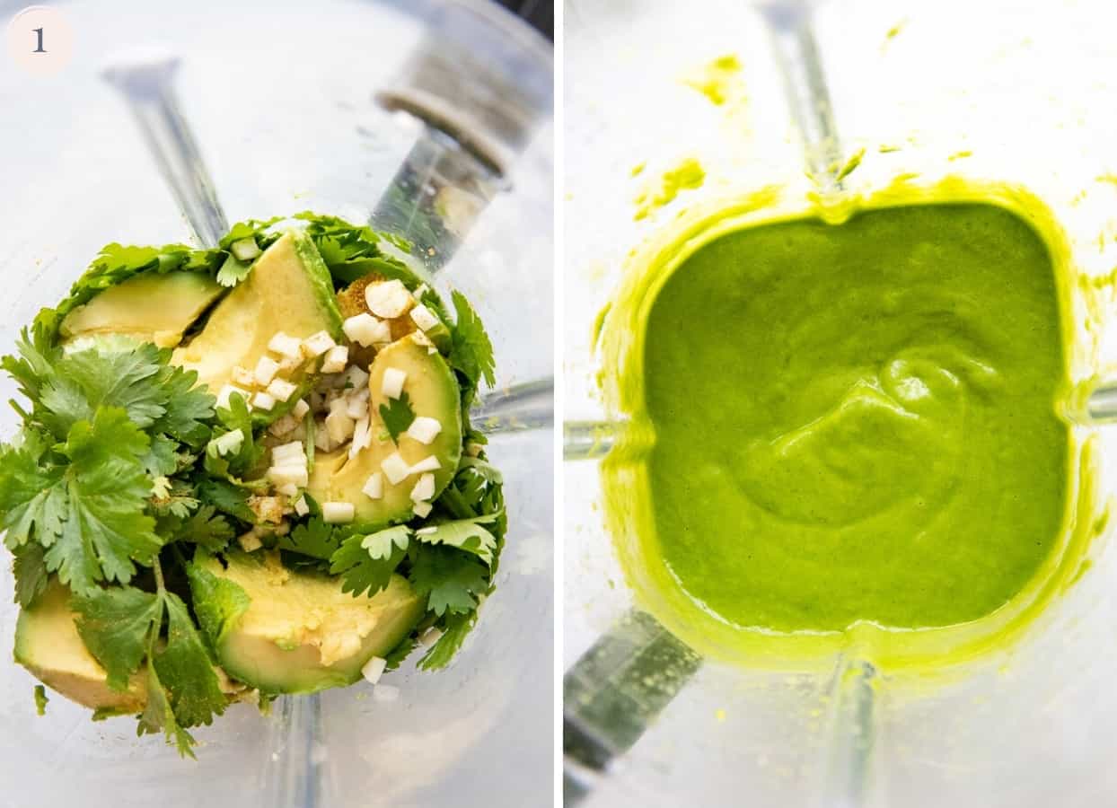 picture collage demonstrating how to make creamy cilantro lime avocado sauce to serve with fajitas 