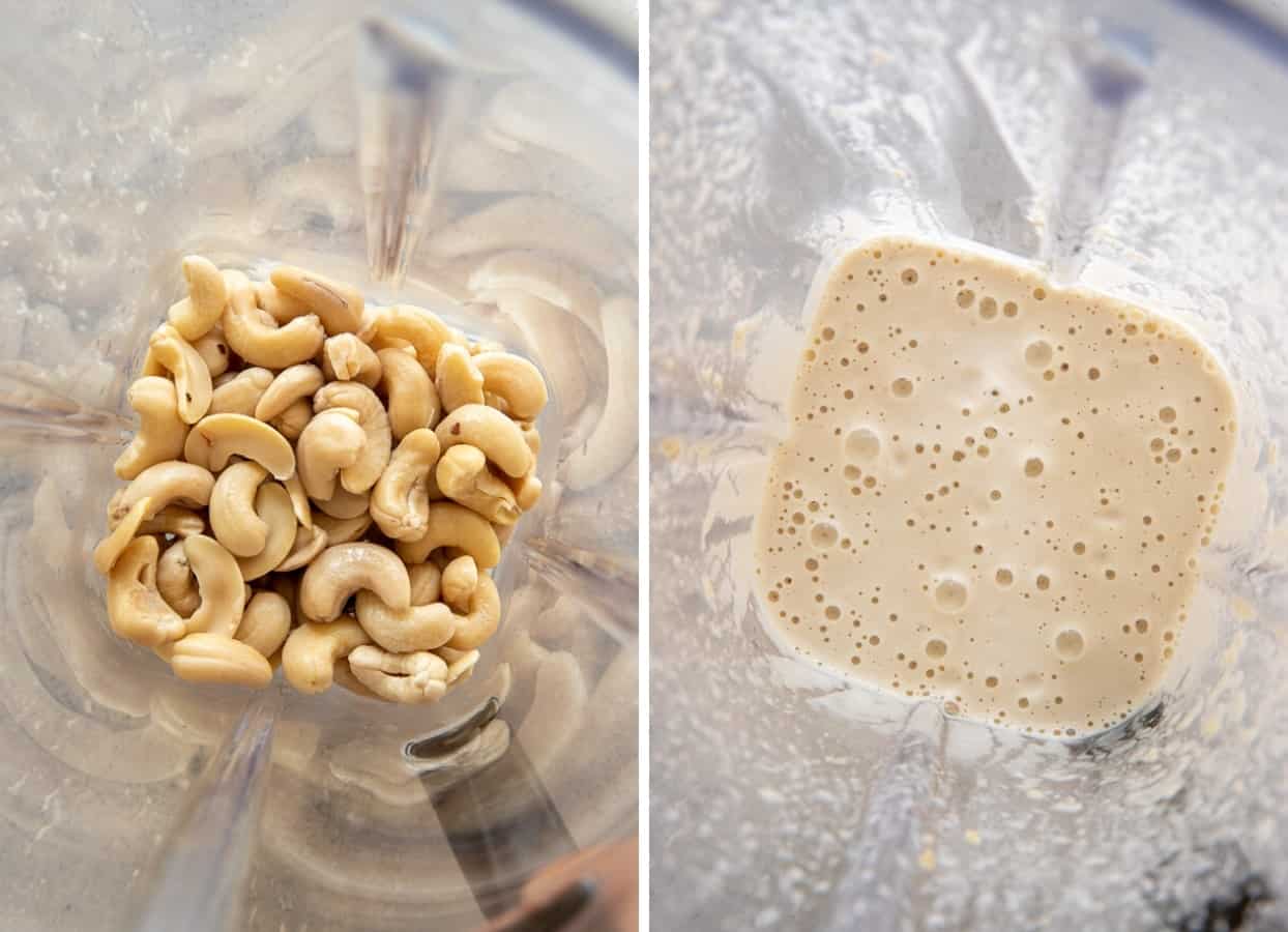 picture collage depicting how to blend soaked raw cashew nuts in a blender to make cashew cream 