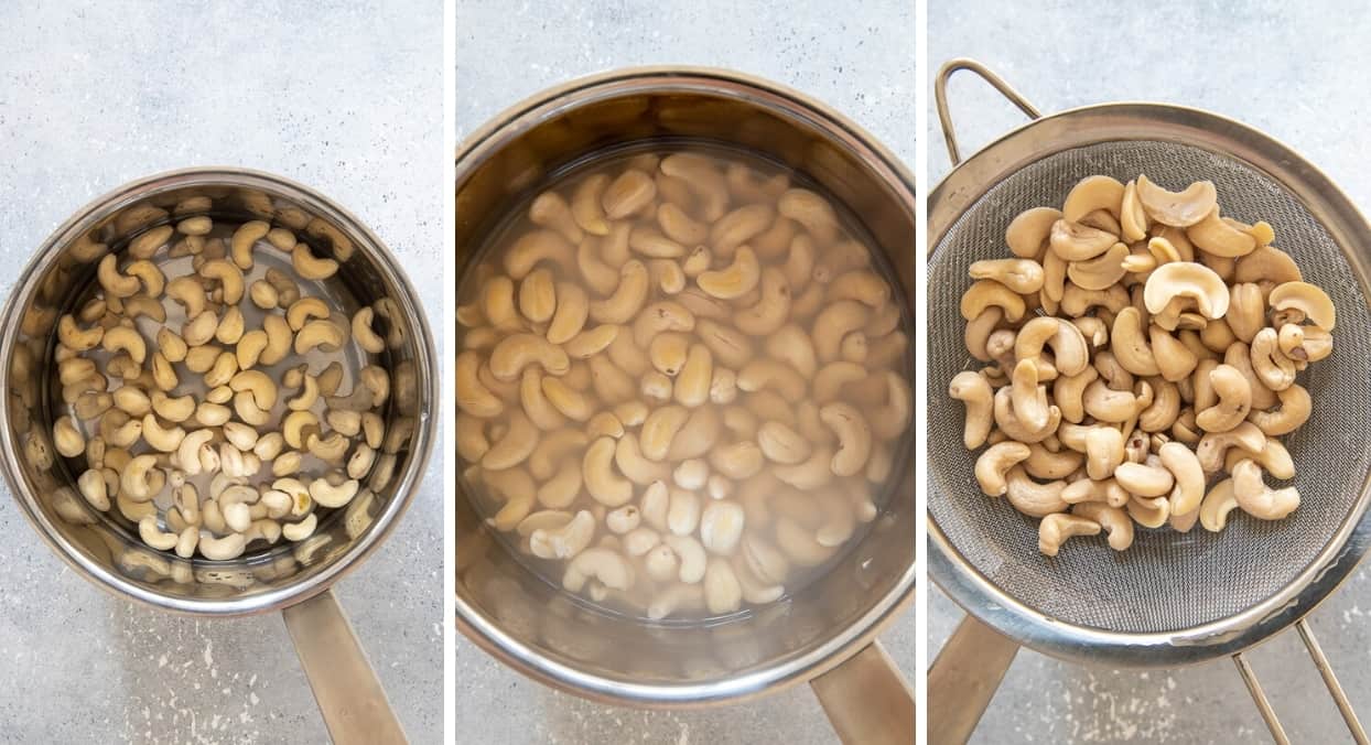 picture collage demonstrating how to soak and drain cashew nuts for making vegan cashew cream 