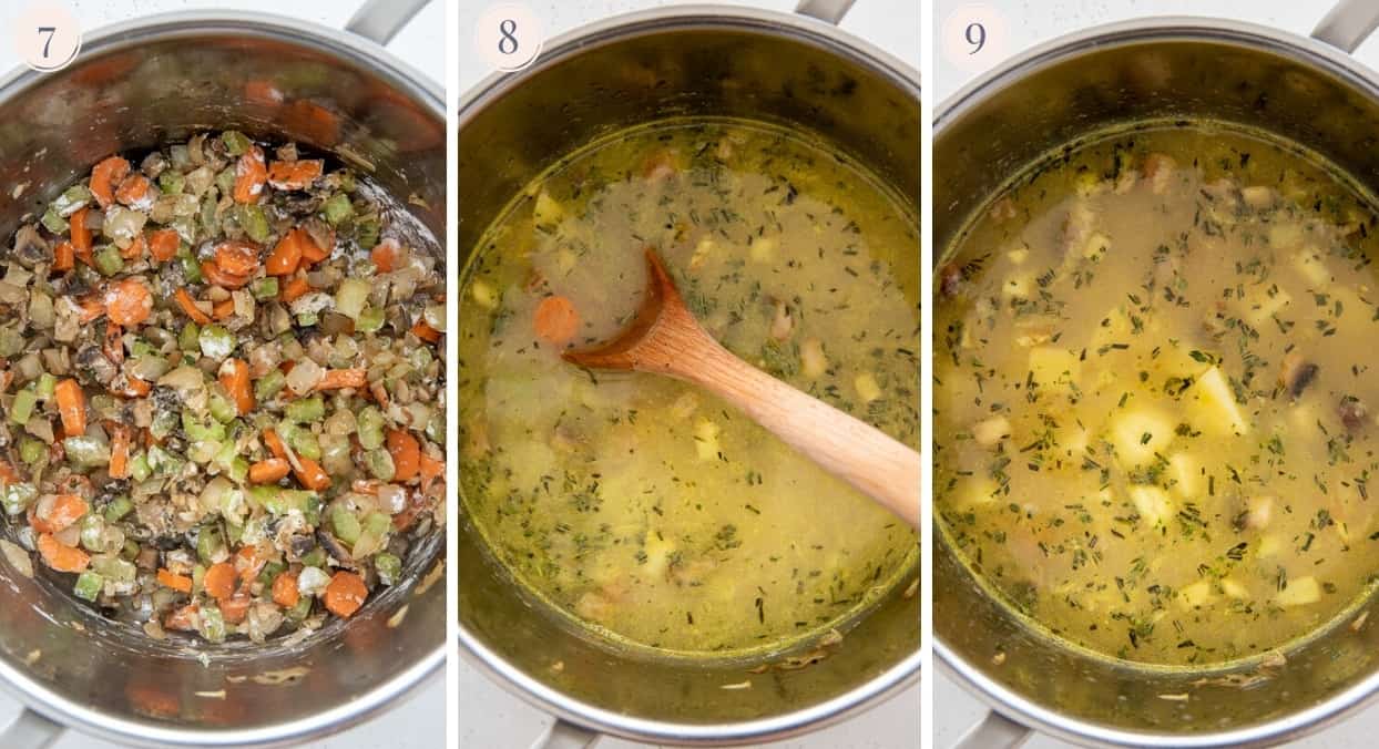 picture collage demonstrating how chicken broth and potatoes are being added to healthy chicken pot pie soup