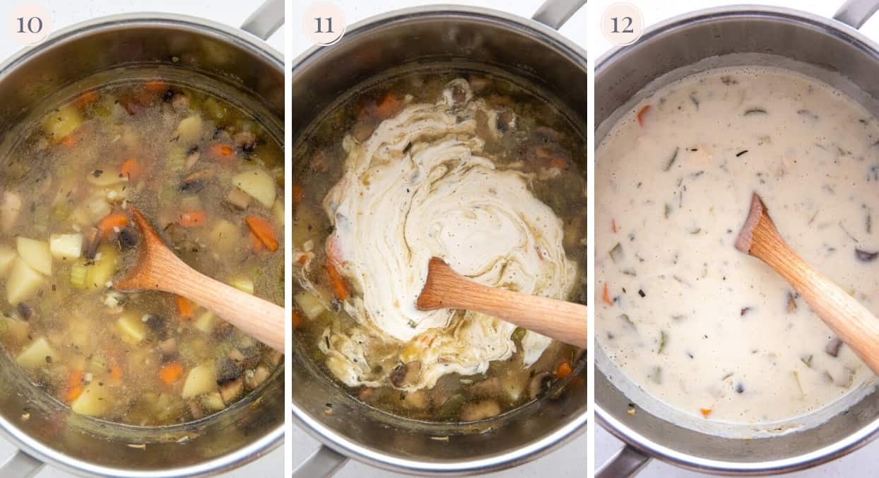 picture collage demonstrating how to stir dairy-free cashew cream into paleo chicken pot pie soup