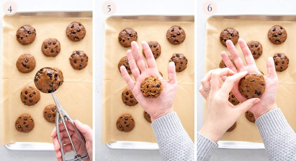 picture collage showing how to form chocolate chips protein cookies 