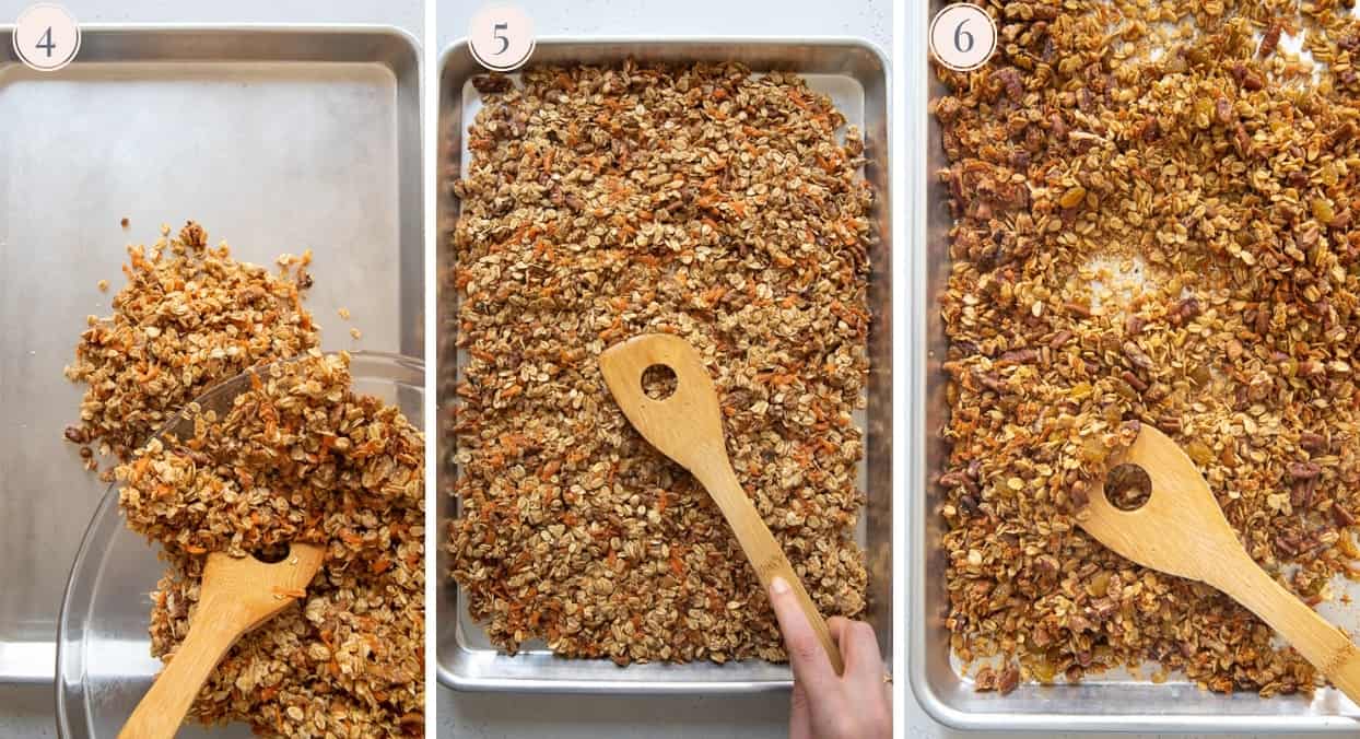 picture collage demonstrating how to bake healthy carrot cake granola on a sheet pan