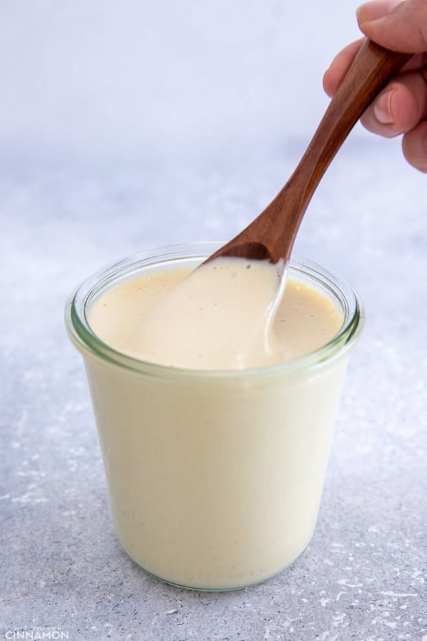 a spoon being dipped into a jar of vegan Alfredo sauce 