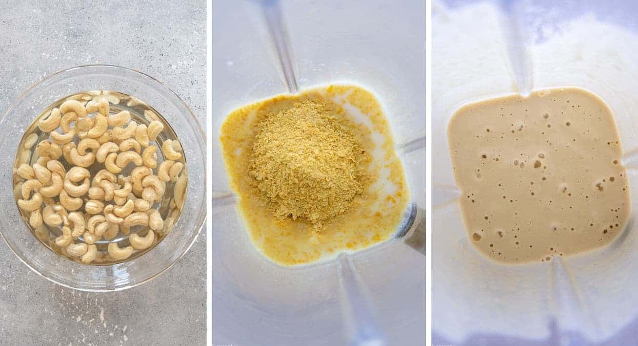 a picture collage showing how to make vegan cashew alfredo sauce in a blender