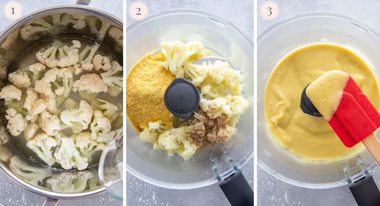 picture collage demonstrating how to make vegan cauliflower Alfredo Sauce in a blender
