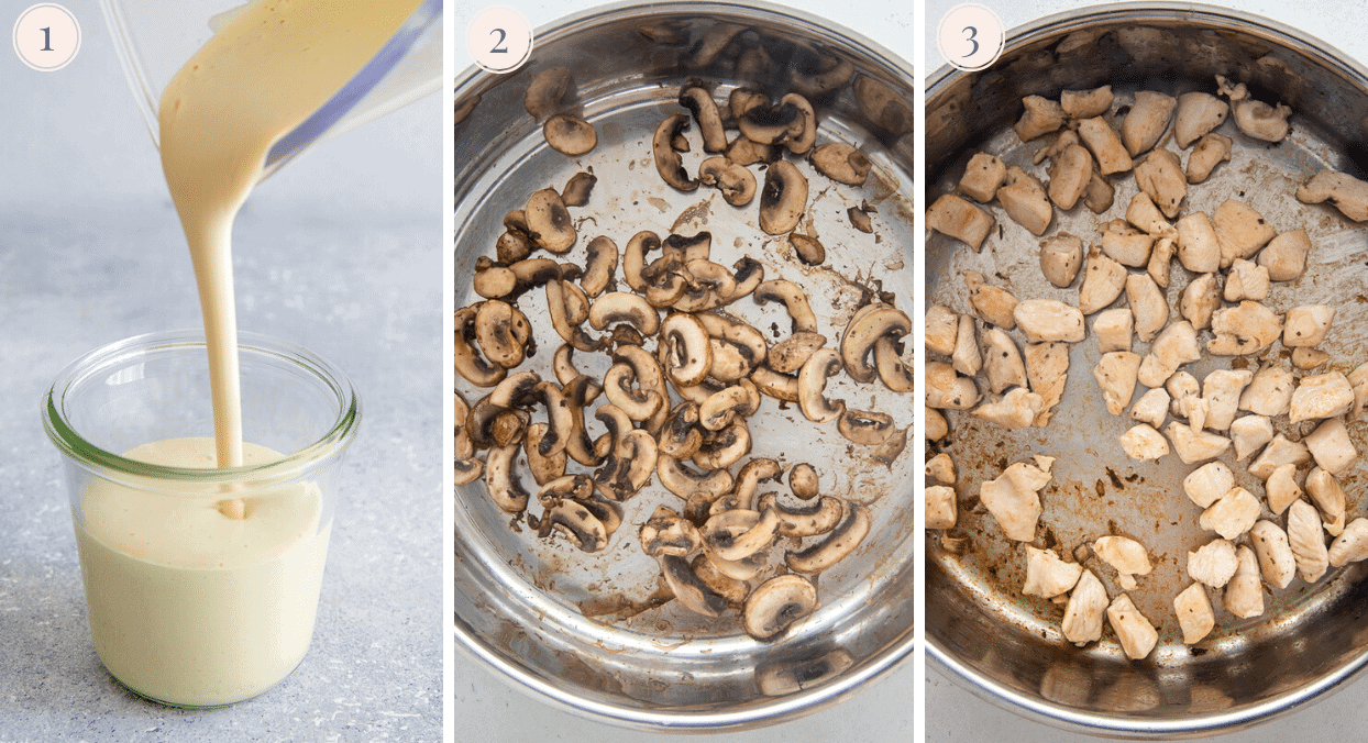 a picture collage demonstrating how to sautee mushrooms for making mushroom Alfredo 