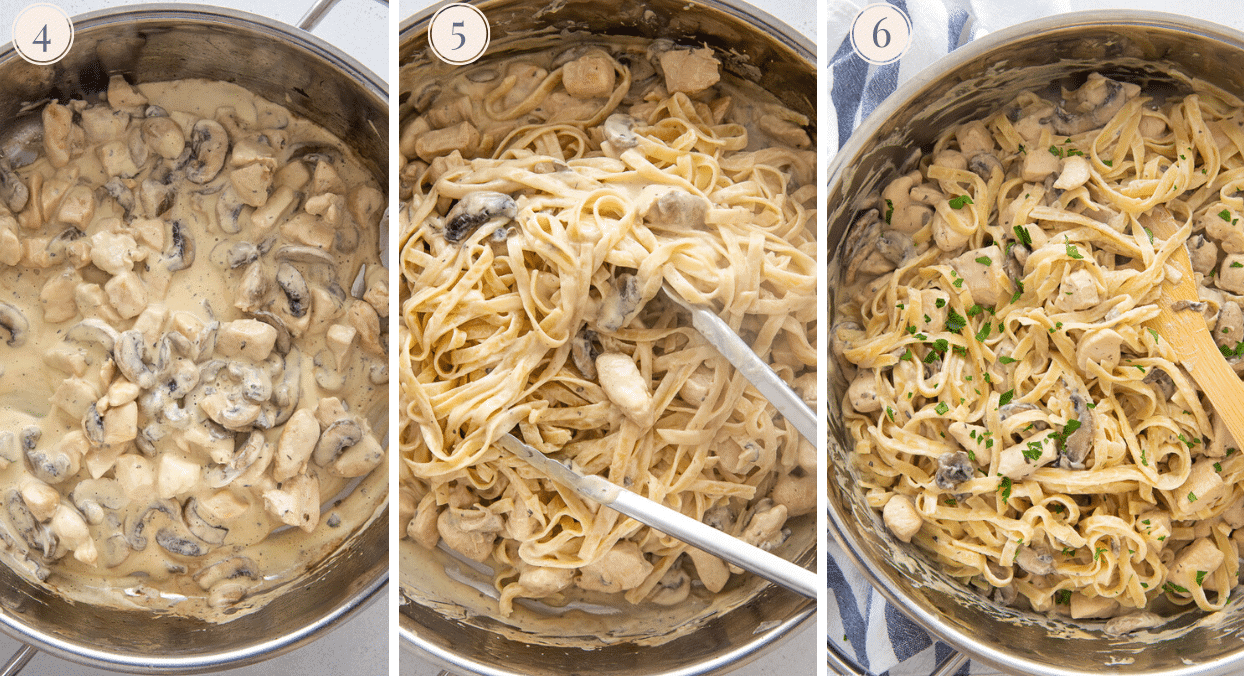 a picture collage demonstrating how to toss cooked fettuccine with dairy-free Mushroom Alfredo Sauce