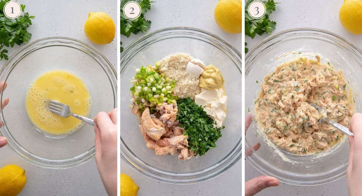 picture collage demonstrating how to make healthy low carb salmon patties 
