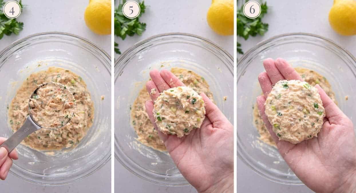 picture collage demonstrating how to shape healthy salmon patties 