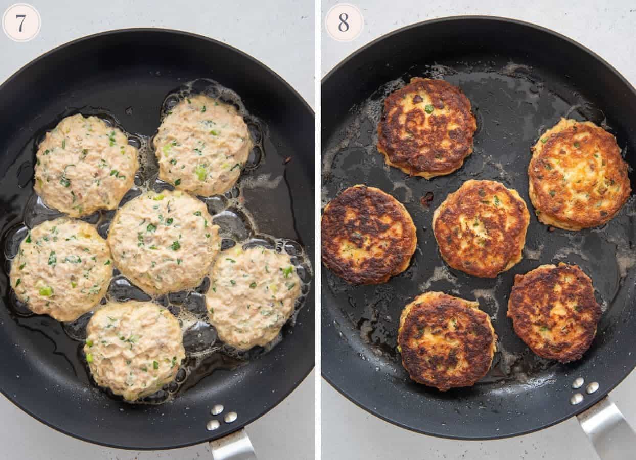 picture collage demonstrating how to fry healthy salmon patties in a skillet